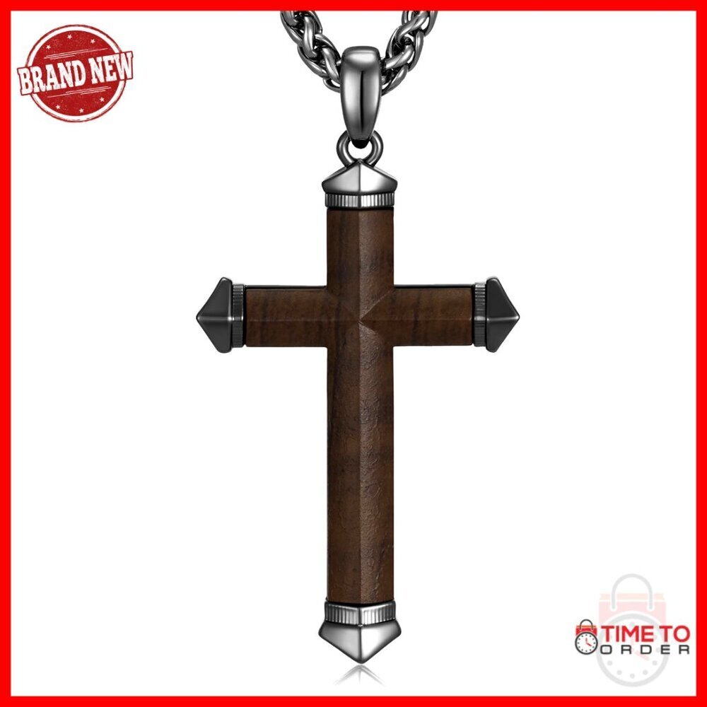 Men's Wooden Cross Necklace Stainless Steel Chain Religious Gift